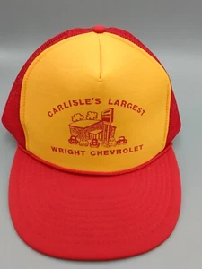 Vintage Wrights Chevrolet Carlisle IA Snapback Trucker Hat Red & Yellow - Picture 1 of 6