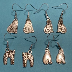 Juego de 4 pendientes Laurel Burch tono plata remolino rayas Shambala gato gatito - Imagen 1 de 8