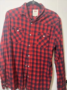 Levi’s Herren Buffalo Plaid Flannel Western Pearl Snap Hemd Rot Blau Größe Medium - Bild 1 von 8