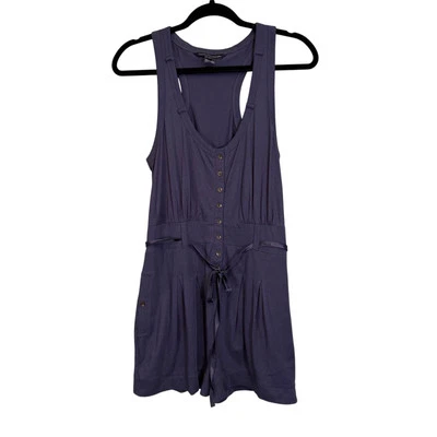 French Connection Romper 8 Casual Racerback Pleated Tie Belt Button Front Blue - Image 1 of 4