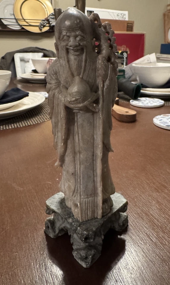 Antigua estatuilla china de piedra de jabón tallada - Shou 壽/ Shouxing 壽星 20 cm Foto 1 de 4