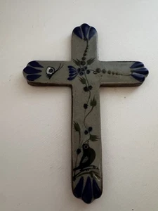 Glazed Tenala Mexican Pottery Cross Blue Bird 5x7 - Picture 1 of 5