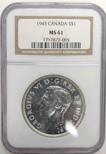 1945 KANADA SILBER DOLLAR NGC MS-61 UNC SCHLÜSSELDATUM - Z380 - Bild 1 von 4