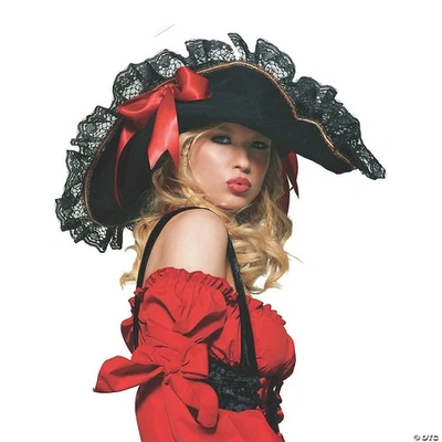 Women's Black Swashbuckler Pirate Hat with Lace and Red Ribbon Accessory - Image 1 of 4