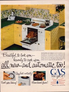 Norge Gas Range Vtg 1950 Print Ad Kitchen Design Yellow Cabinet Turkey Oven - Picture 1 of 1