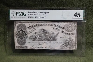 1863 Shreveport Louisana State Treasury Note 5 $ PMG 45 Auswahl sehr schön - Bild 1 von 6