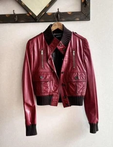 Tom Ford GUCCI Red Dark Brown Leather Bomber Jacket Size 42 Cowhide Cotton 2502M - Picture 1 of 3