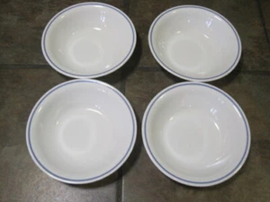 CORELLE ~ 7¼" SALAD BOWLS ~ WHITE WITH BLUE/GRAY BAND OFF THE EDGE ~ (4), EUC - Picture 1 of 3