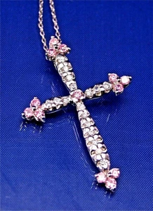 STERLING SILVER WHITE AND PINK CZ LATIN CROSS PENDANT, 18" CHAIN - Picture 1 of 1