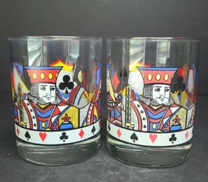 2 Low Ball Glasses Poker Spades Diamonds Hearts clubs king queen Playing Cards - Picture 1 of 7