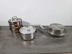 LOT OF 3 CAMPING Aluminum STAINLESS Pans MIRRO Made USA Outdoors Survival - Picture 1 of 15