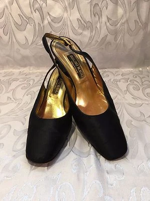 Vintage Black Satin BRUNO MAGLI COUTURE Rhinestone Slingback Pump Shoes SIZE 9 - Image 1 of 4