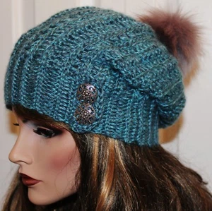 Beautiful Women's Turquoise Blue Slouchy Hat w/Button Accent Detachable Pom Pom - Picture 1 of 6
