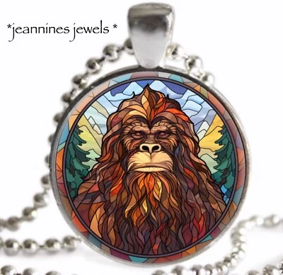 Bigfoot Sasquatch Necklace FAUX Stained Glass ART PRINT Silver Charm Pendant - Image 1 of 4