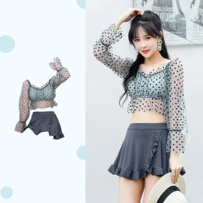 Women Two Piece Polka Dot Crop Top Pleated Skirt Slim Bikini Swimsuit - Image 1 of 4