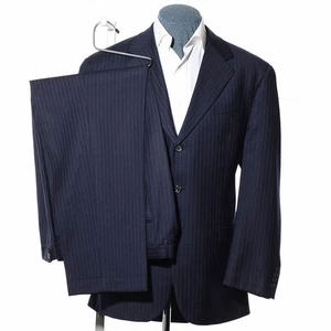 44R Chaps Three-Button Dark-Blue Pinstriped Wool 2-Piece Suit 36x32 Trousers XL - Picture 1 of 14