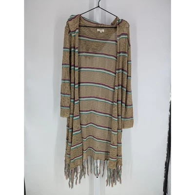 Umgee Womens Sz L Long Cardigan Sweater Loose Knit Hooded Brown Boho Striped - Image 1 of 4