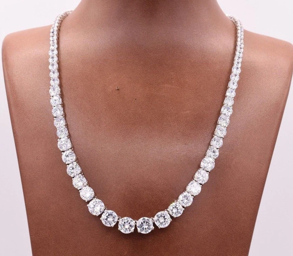 Round Cut CZ Graduated Tennis Chain Necklace Real Solid Sterling Silver 65.10CTW - Image 1 of 2