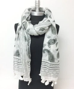 New Women Paisley Print w/Tassels Chiffon Long Scarf Soft Wrap Shawl,White - Picture 1 of 7