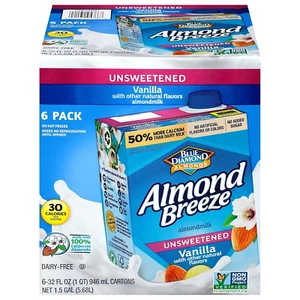 Almond Breeze Dairy Free Almondmilk, Unsweetened Vanilla, 32 Ounce, Pack of 6 - Picture 1 of 9