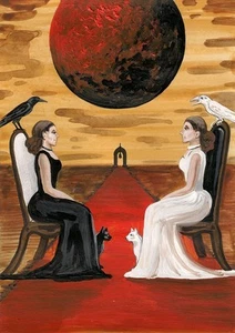 STAMPA ACEO DEL DIPINTO RYTA GATTO NERO CORVO GOTICO SURREALISMO ARTE Halloween Strega - Foto 1 di 1