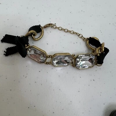 Pulsera cadena de diamantes de imitación Ann Taylor cinta negra lazo tono dorado eslabón Big Gaudy Foto 1 de 4