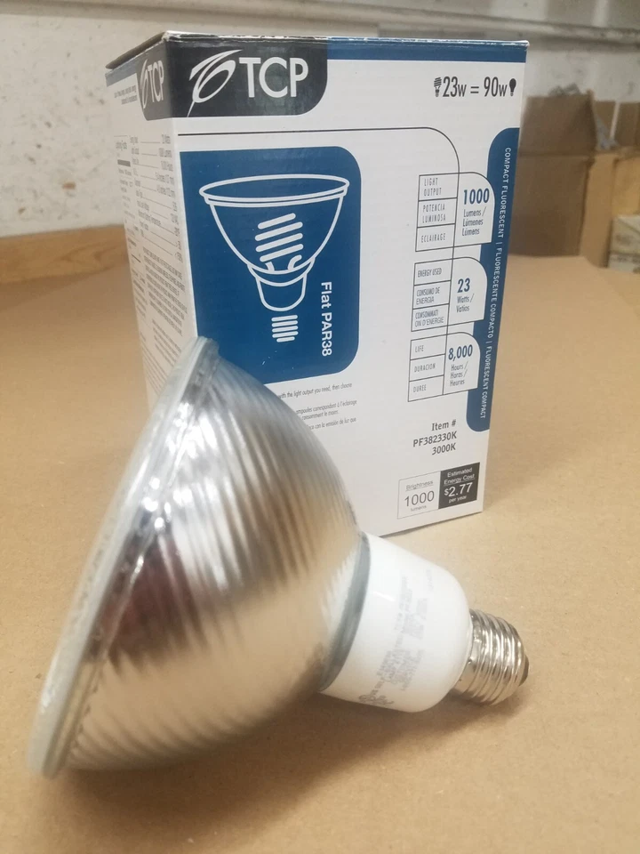 2 Pack Of 23 Watt Flat Par 38 3000K 1,000 Lumen CFL Light Bulbs 90w Equiv TCP - Image 1 of 1