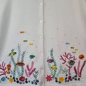 Quacker Factory Sequins Under Sea Fish Sweater Womens XL White Coastal Grandma - Picture 1 of 16