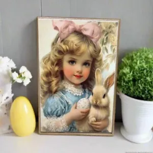 Primitive Farmhouse Vintage Girl with Bunny Block Shelf Sitter - Picture 1 of 3