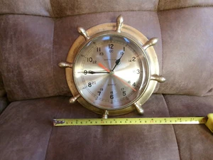 Vintage Ship's CLOCK Solid Brass Wheel Nautical Marine Quartz Wall Clock Working - Picture 1 of 8
