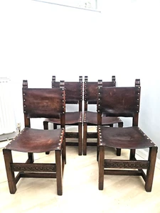 Set of Four Spanish Hand Crafted Wood And Cognac Studded Leather Dining Chairs - Picture 1 of 12