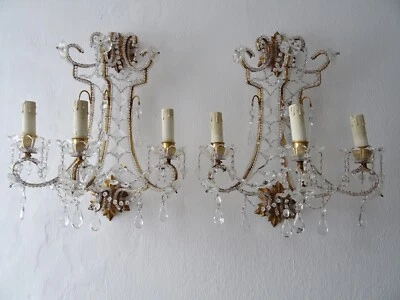 ~ 意大利大串珠水晶棱镜 Murano Drops Sconces 金色镀金金属 c1900 ~ — 第 1/4 张图片