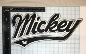 VINTAGE MICKEY MOUSE DISNEY CARTOON 13.5” IRON ON PATCH BLACK & SILVER SCRIPT - Picture 1 of 2