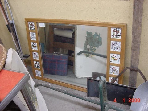 LARGE VINTAGE MIRROR W/ 12 CERAMIC TILES & WOOD FRAME Cover