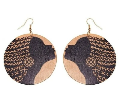 NUEVO Lindos pendientes de moda de cabello trenzado de niña afroafricana redondos de madera marrón negro Foto 1 de 2