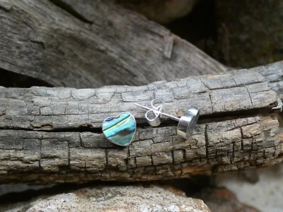 Abalone Shell Handmade Sterling Silver 925 Petite Heart Stud Post Earrings E87 - Image 1 of 4