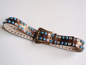 Ladies Guess Simulated Leather Faceted Bead Belt Copper Blue Clear Big Buckle 36