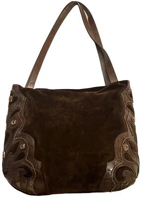 ITALIAN EMBROIDERY BRACCIALINI SHOULDER SHOPPER TOTE BAG BROWN SUEDE STONES - Image 1 of 4
