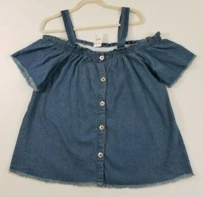 Blusa New Look Para Mujer Grande L Azul Cambray Hombro Frío Abotonada Top Algodón Foto 1 de 4