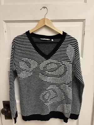 Soft Surroundings Women’s V-Neck Sweater Black Stripe Cotton Wool Alpaca Small - Image 1 of 4