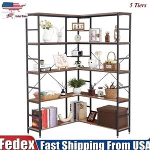 5 Tier Corner Shelf Industrial Corner Bookshelf Bookcase with Open Storage Shelf - Picture 1 of 8