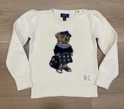 Polo Ralph Lauren Girls Preppy School Bear Cream 100% Cotton Knit Sweater Size 6 - Image 1 of 4