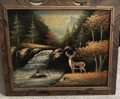 Vintage 1970s Mexican Velvet Felt Painting – Deer & Nature Scene – Framed 23"x19 - Image 1 of 4