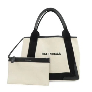BALENCIAGA Navy Cabas S Cotton Calf Skin Tote Bag Hand Bag 339933 Auth Used F/S - Picture 1 of 24