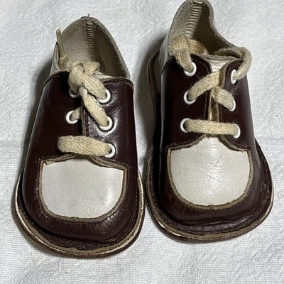 Vintage All Leather Baby Shoes Size 0 Brown White Saddle Shoes - Image 1 of 4