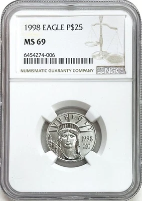 1998 US PLATINUM $25 DOLLAR 1/4 oz EAGLE COIN NGC MINT STATE 69 - Image 1 of 2