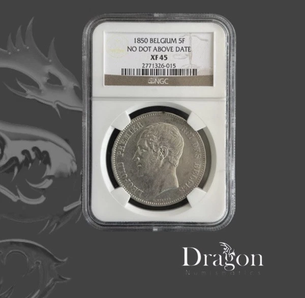 1850 BELGIUM SILVER 5 FRANCS 5F KING LEOPOLD NGC XF 45 NO DOT ABOVE DATE SCARCE - Image 1 of 4