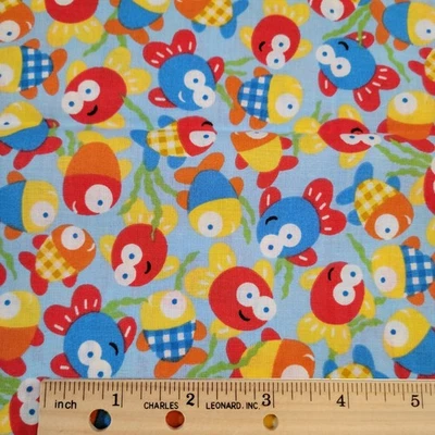Cotton Fabric Cartoon Fish Blue Red Yellow Ocean Sea Life 18" x 44" Unbranded - Image 1 of 4