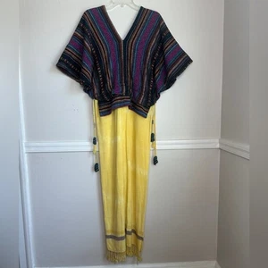 Buntes Baumwoll Kaftan Maxikleid mit Fransen Saum Boho Festival Hippie Rasta - Bild 1 von 14