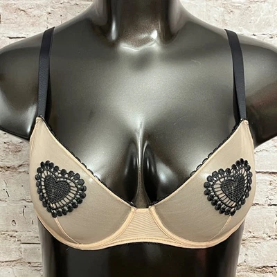 Adore Me 40C Sheer Mesh Embroidered Balconette Underwire Bra Beige Black Pastie - Image 1 of 4